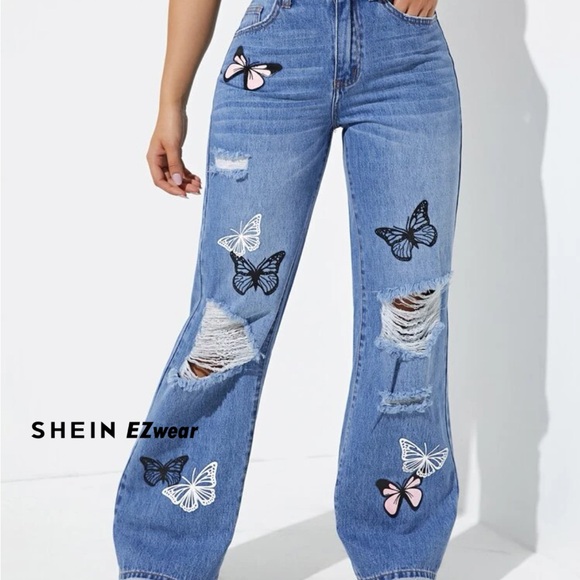 SHEIN Denim - SHEIN Blue Flare Wide Leg Jeans with Butterfly Design